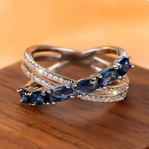 NEW 14K White Gold Sapphire Diamond Ring Band - Picture 2 of 4